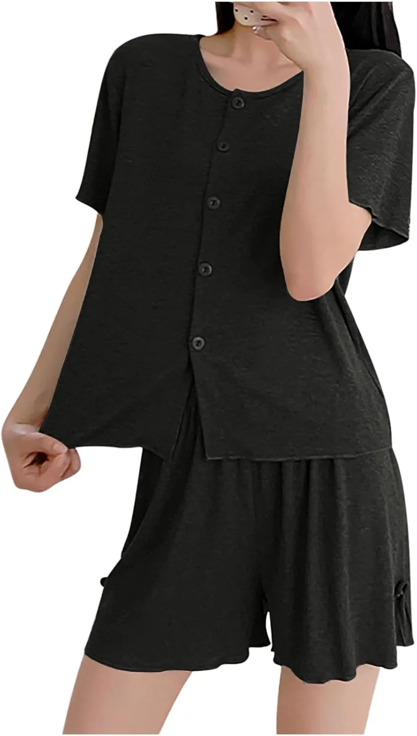 Women's Pajamas Set Soft Modal Sleepwear Loose Button Down Short Sleeve Top and Shorts Pjs Summer Loungewear Sets