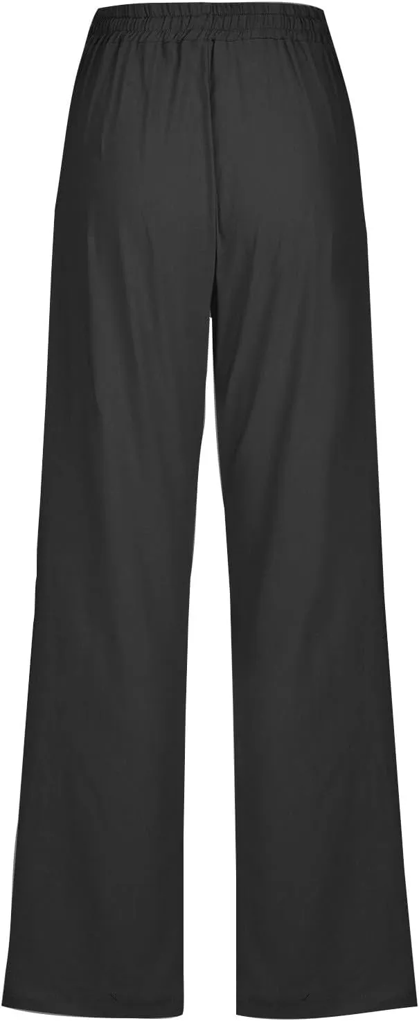 Womens Pants Dressy Casual Wide Straight Leg Pants Drawstring Waist Linen Pants Women Plus Size Trousers with Pockets