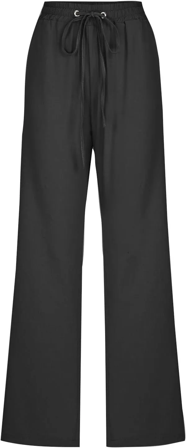 Womens Pants Dressy Casual Wide Straight Leg Pants Drawstring Waist Linen Pants Women Plus Size Trousers with Pockets
