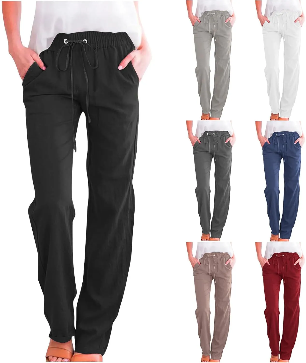 Womens Pants Dressy Casual Wide Straight Leg Pants Drawstring Waist Linen Pants Women Plus Size Trousers with Pockets