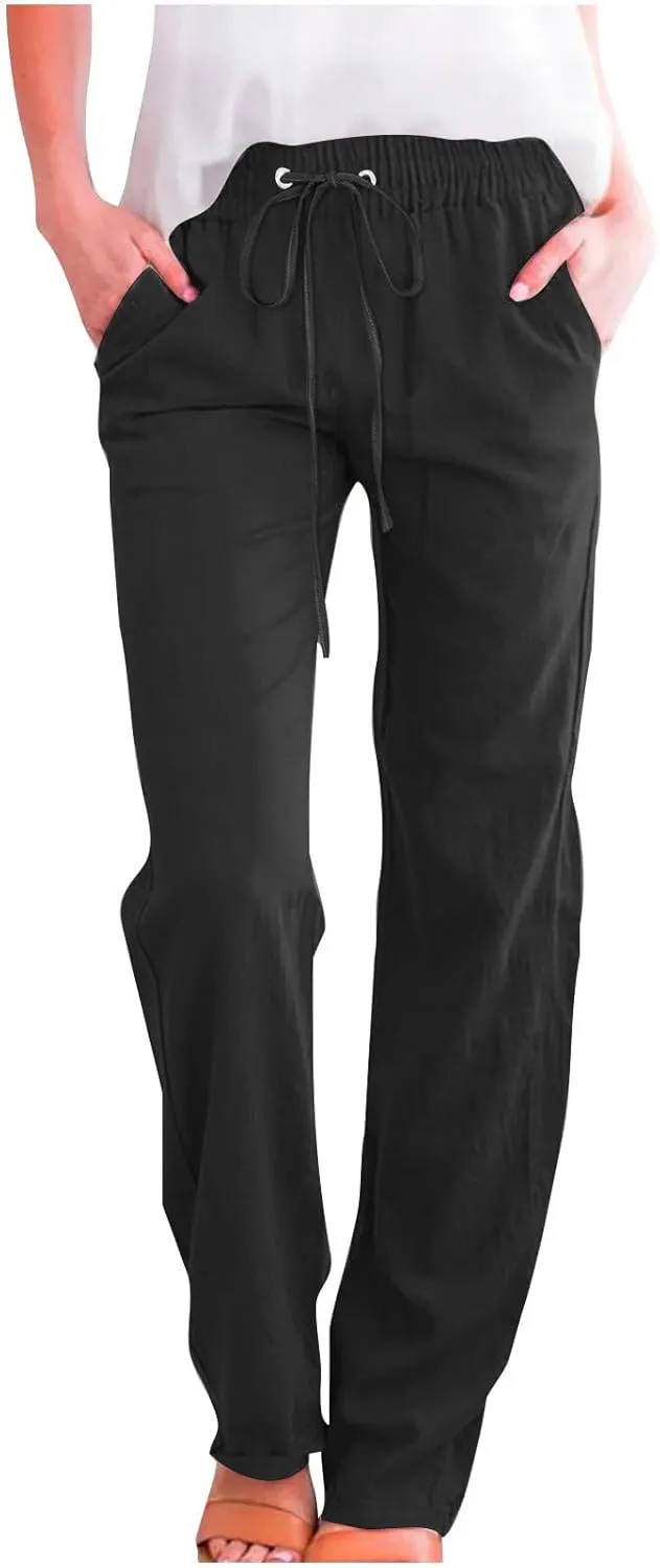 Womens Pants Dressy Casual Wide Straight Leg Pants Drawstring Waist Linen Pants Women Plus Size Trousers with Pockets