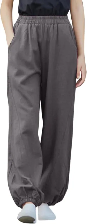 Women's Parachute Pants Joggers Cotton Linen Lounge Sweatpants Elastic Waist Casual Running Track Pants with Pockets
