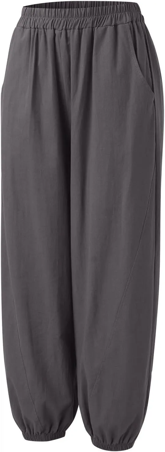 Women's Parachute Pants Joggers Cotton Linen Lounge Sweatpants Elastic Waist Casual Running Track Pants with Pockets