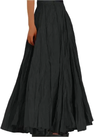Womens Pleated A-line Maxi Skirt Boho Beach Summer Vacation Long Skirts Elastic High Waist Flowy Casual Long Skirts