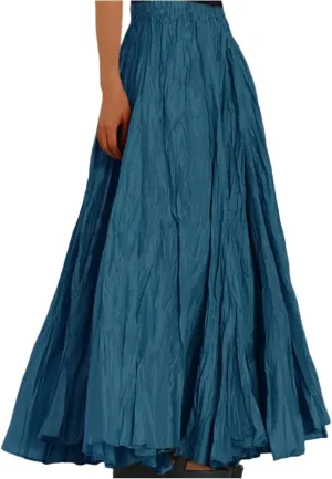Womens Pleated A-line Maxi Skirt Boho Beach Summer Vacation Long Skirts Elastic High Waist Flowy Casual Long Skirts