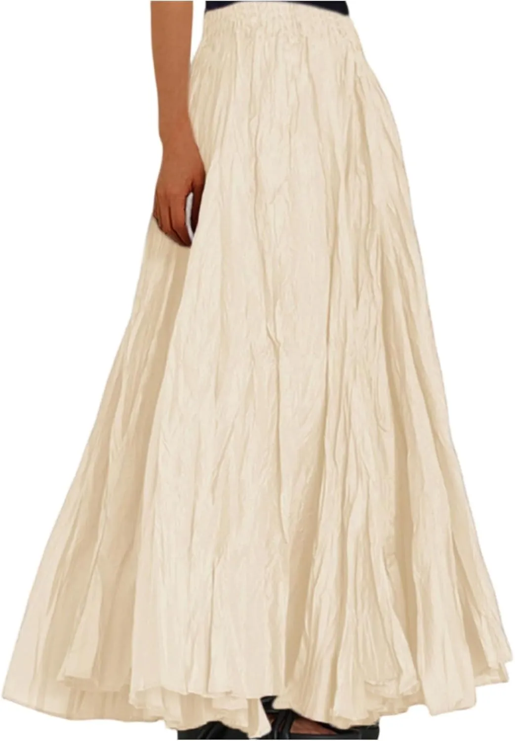 Womens Pleated A-line Maxi Skirt Boho Beach Summer Vacation Long Skirts Elastic High Waist Flowy Casual Long Skirts