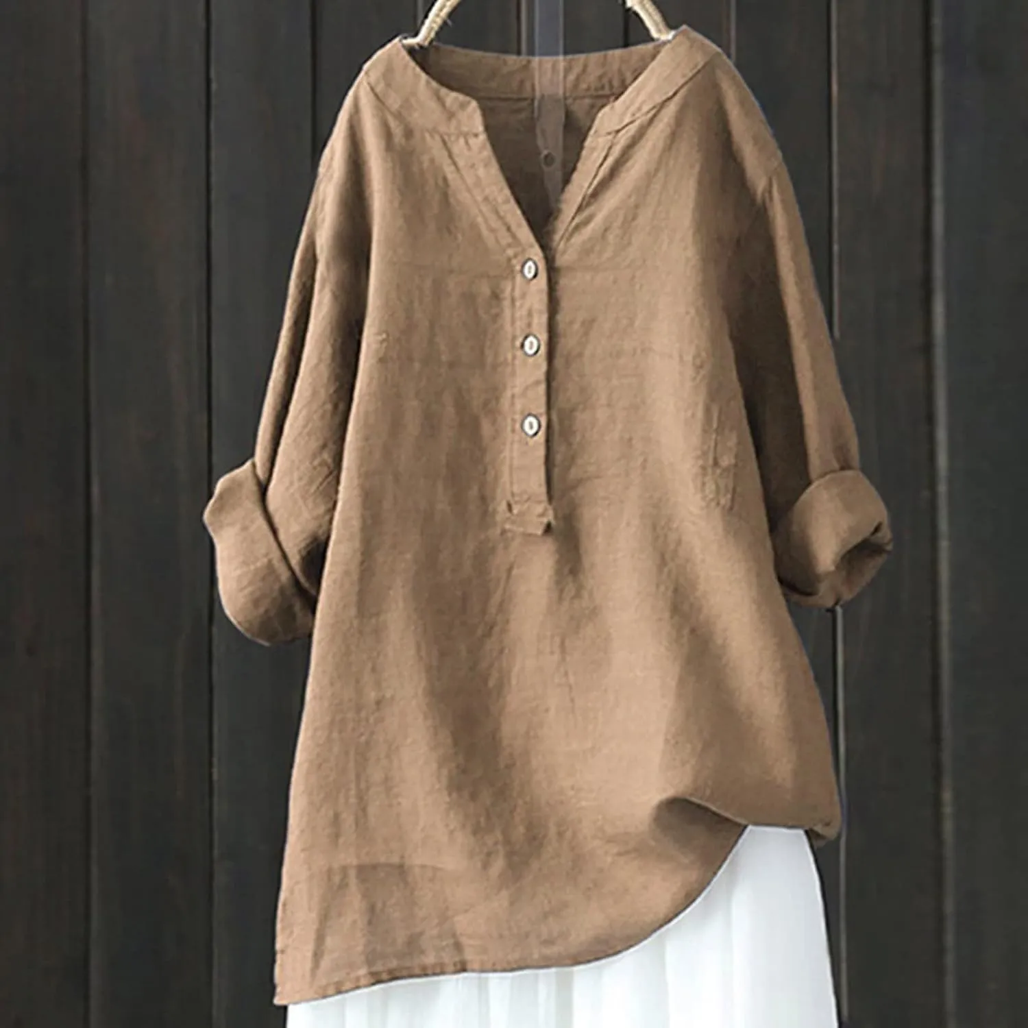 Womens Plus Size Button Down Shirt Trendy Fashion 3/4 Sleeve Crewneck Spaghetti Strap Tunic Top