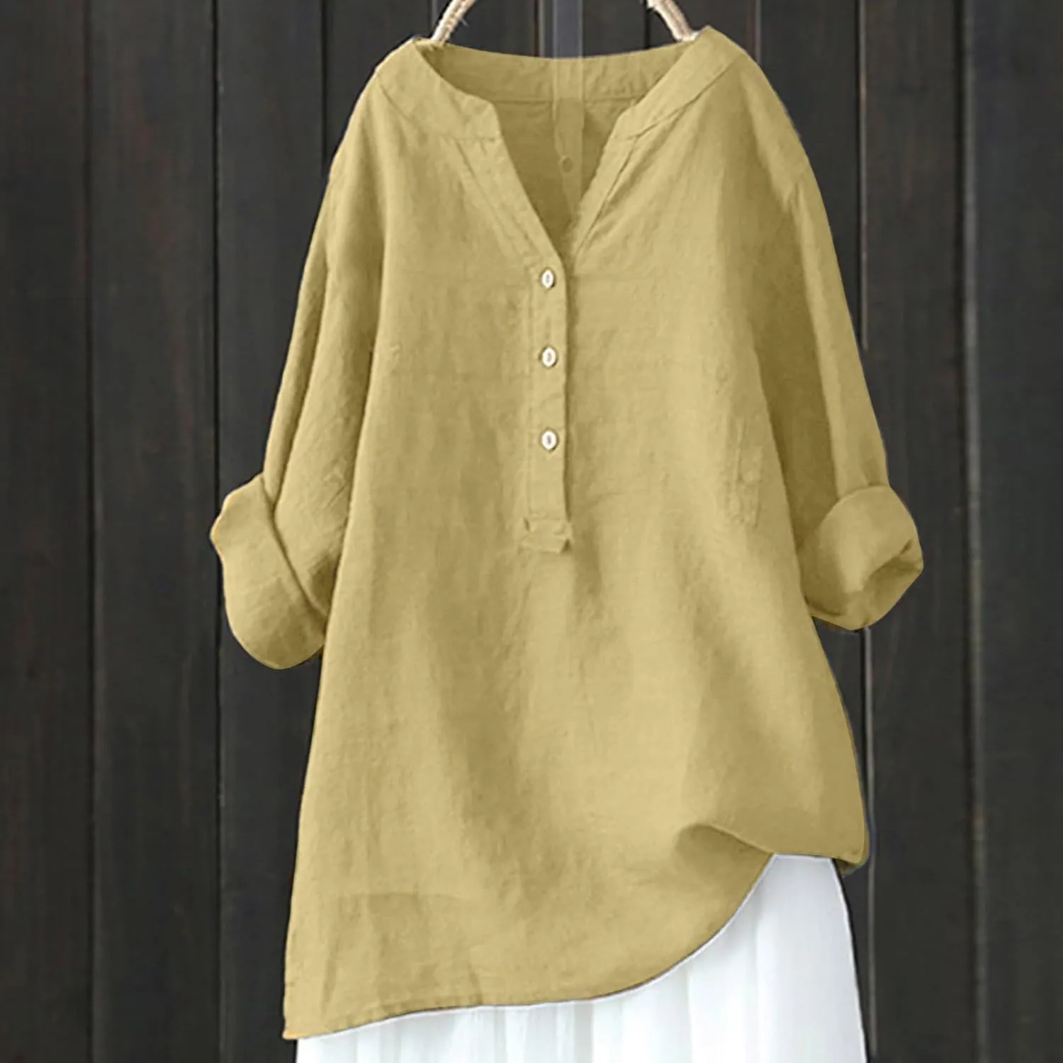 Womens Plus Size Button Down Shirt Trendy Fashion 3/4 Sleeve Crewneck Spaghetti Strap Tunic Top