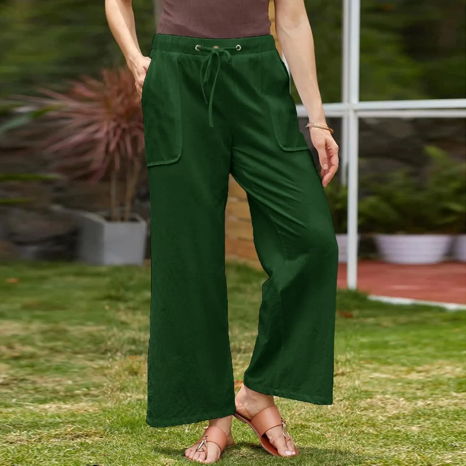 Womens Plus Size Casual Pants Drawstring Elastic Waist Wide Leg Pants Comfy Loose Straight Leg Palazzo Lounge Trouser