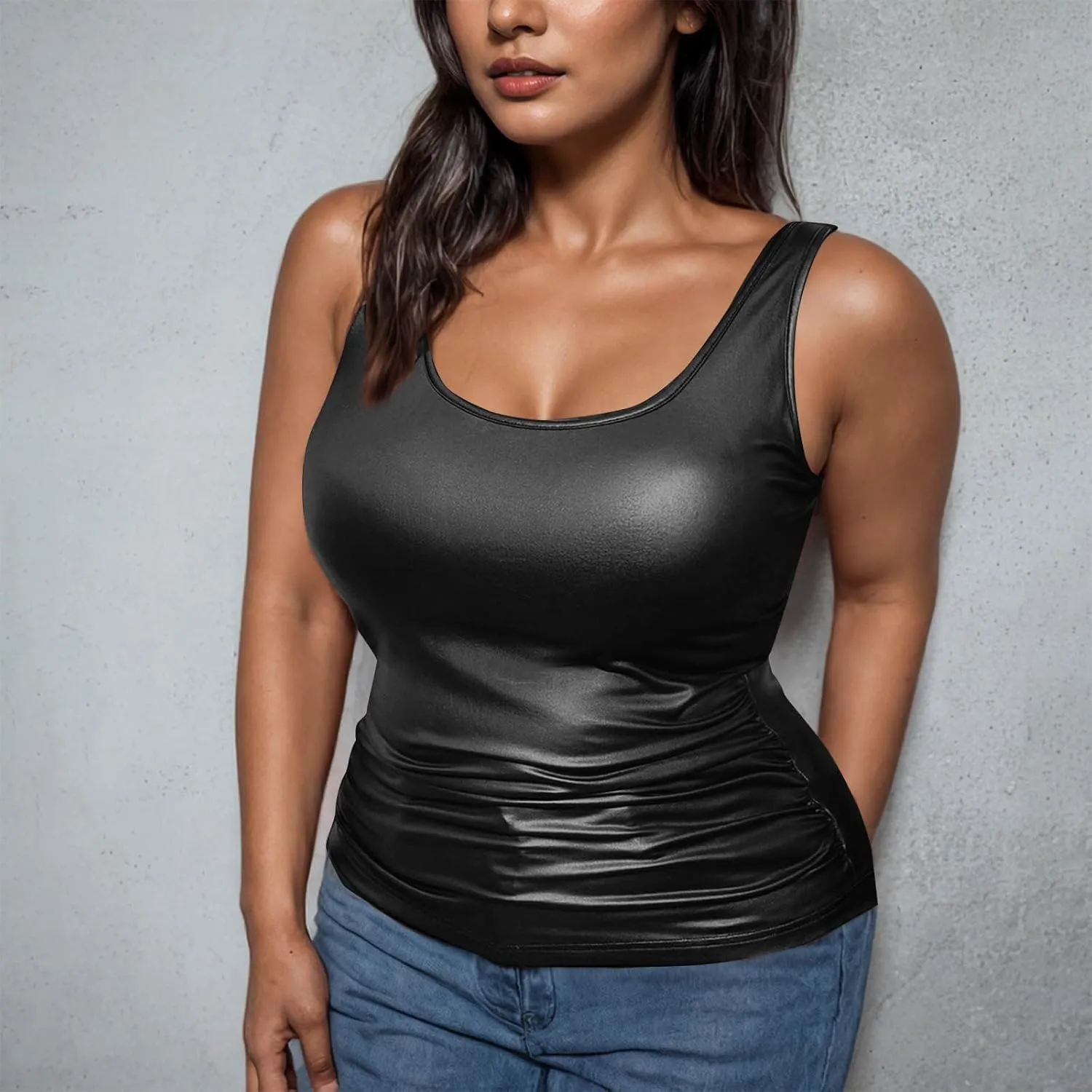 Women's Plus Size Faux Leather Slim Fit Tank Top Round Neck Sleeveless Shirts Going Out Streetwear Party Clubwear