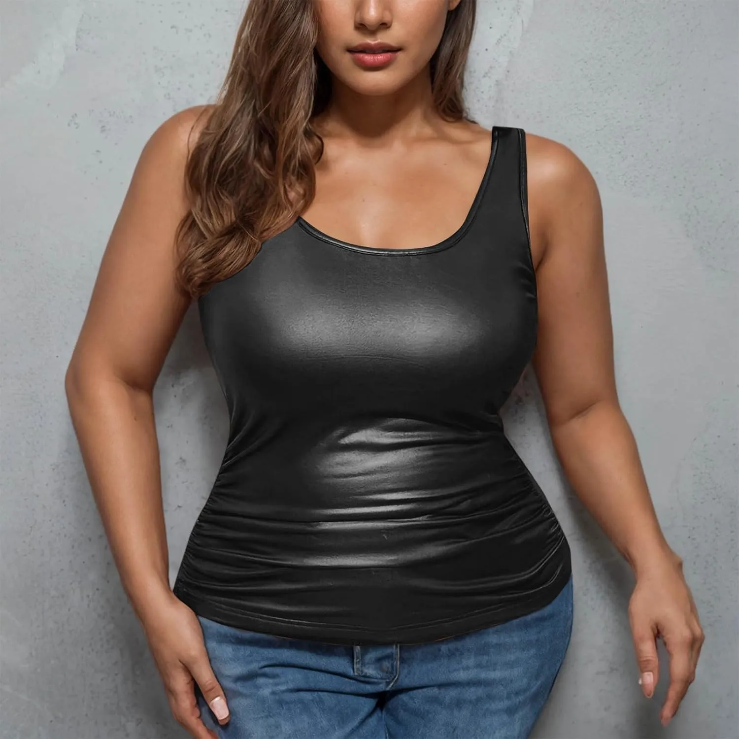 Women's Plus Size Faux Leather Slim Fit Tank Top Round Neck Sleeveless Shirts Going Out Streetwear Party Clubwear