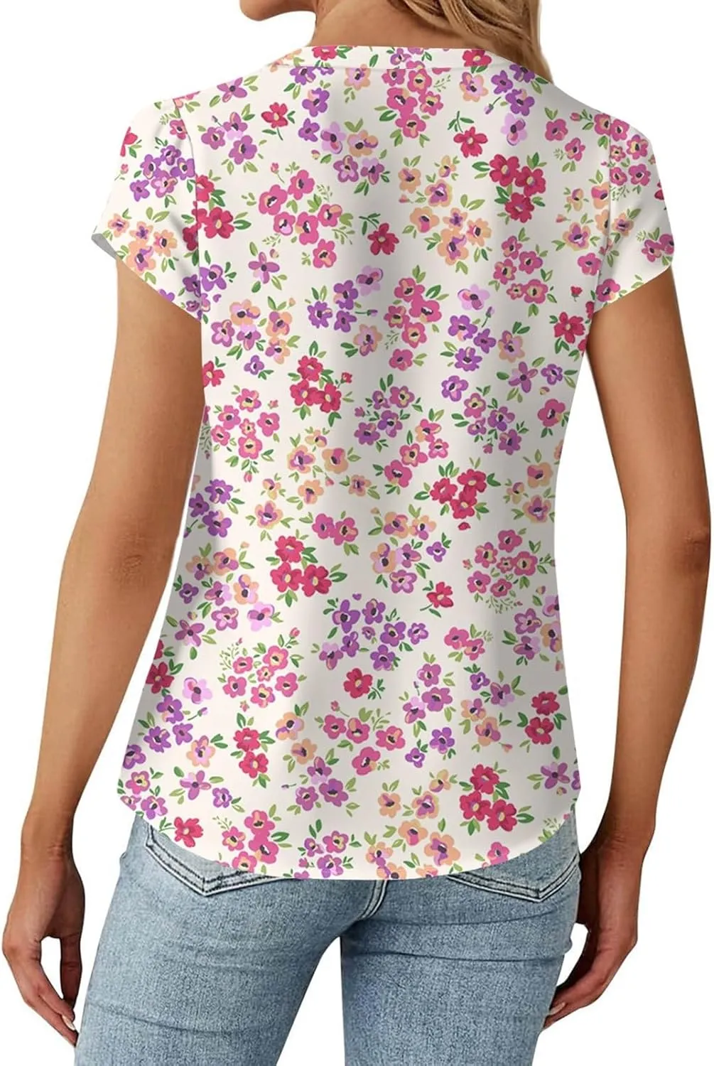 Womens-Plus-Size-Summer-Tops Dressy Ruffle V Neck T Shirts Trendy Puff Short Sleeve Tunics Casual Buttons Up Blouses