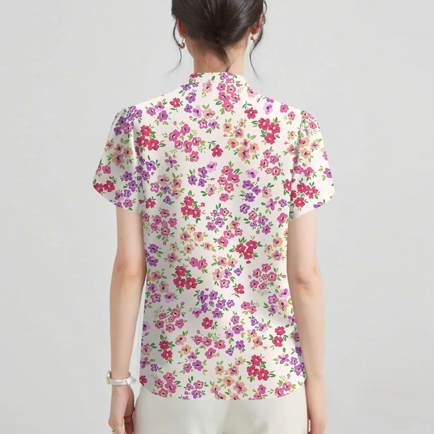 Womens-Plus-Size-Summer-Tops Dressy Ruffle V Neck T Shirts Trendy Puff Short Sleeve Tunics Casual Buttons Up Blouses