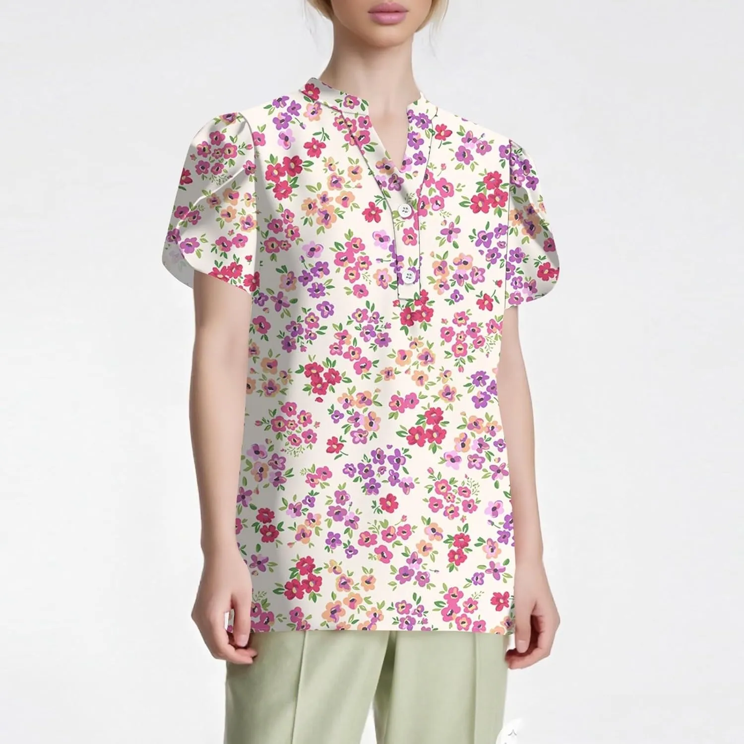 Womens-Plus-Size-Summer-Tops Dressy Ruffle V Neck T Shirts Trendy Puff Short Sleeve Tunics Casual Buttons Up Blouses