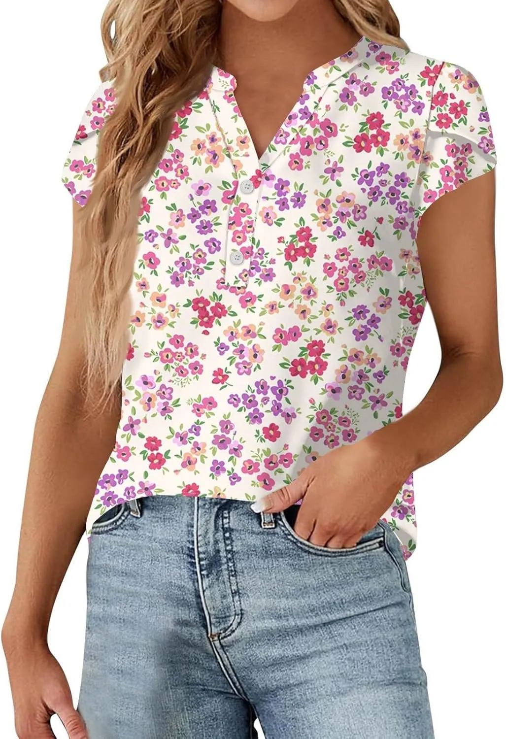 Womens-Plus-Size-Summer-Tops Dressy Ruffle V Neck T Shirts Trendy Puff Short Sleeve Tunics Casual Buttons Up Blouses