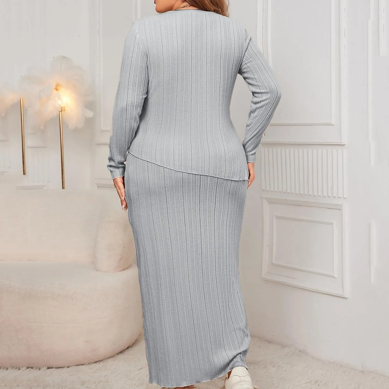 Womens Plus Size Sweater Dresses V-Neck Long Sleeve Slit Knit Top Bodycon Maxi Skirt Set Solid Color Fall Winter Dress