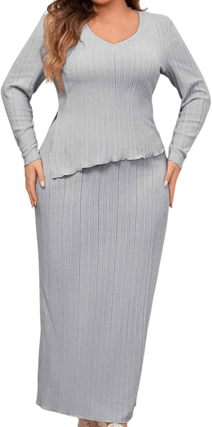 Womens Plus Size Sweater Dresses V-Neck Long Sleeve Slit Knit Top Bodycon Maxi Skirt Set Solid Color Fall Winter Dress