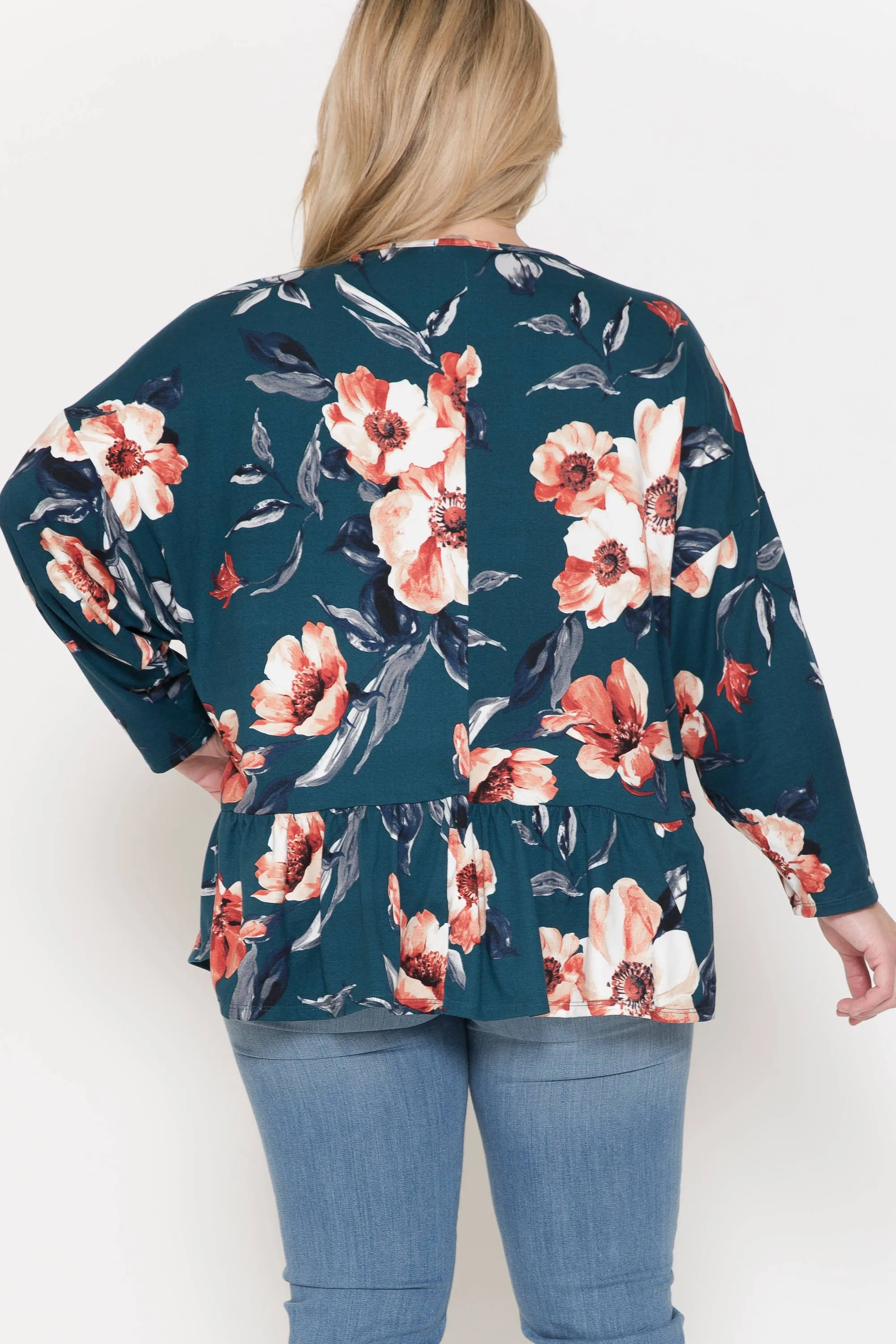 Women's Plus Size Top, V Neck Dolman Sleeve, Ruffle Bottom