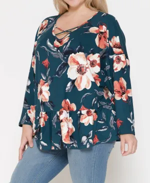 Women's Plus Size Top, V Neck Dolman Sleeve, Ruffle Bottom