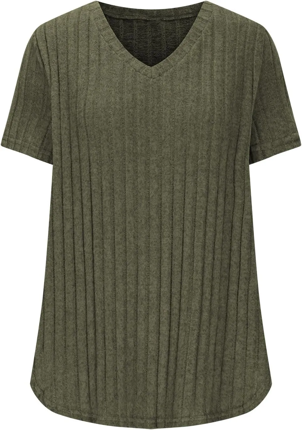 Womens Plus Size Tops Summer Short Sleeve V-Neck Casual Loose Solid Ribbed Knit Basic Tee Shirt