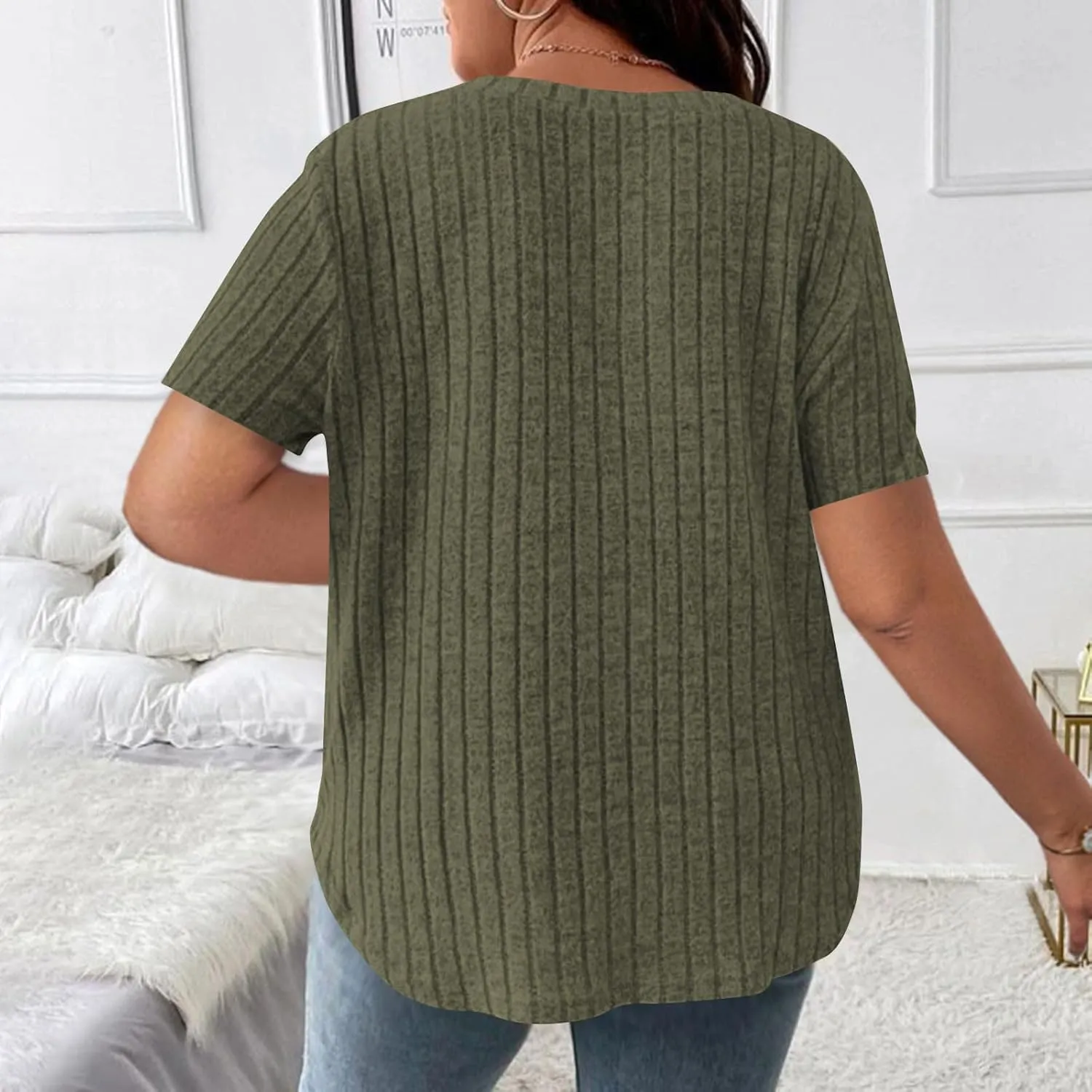 Womens Plus Size Tops Summer Short Sleeve V-Neck Casual Loose Solid Ribbed Knit Basic Tee Shirt