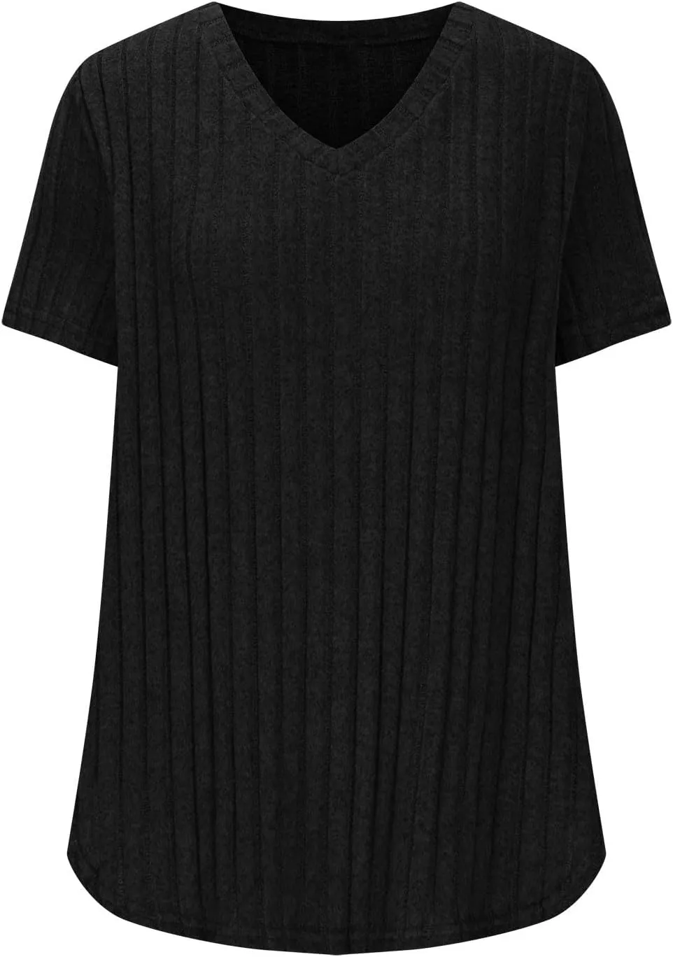 Womens Plus Size Tops Summer Short Sleeve V-Neck Casual Loose Solid Ribbed Knit Basic Tee Shirt