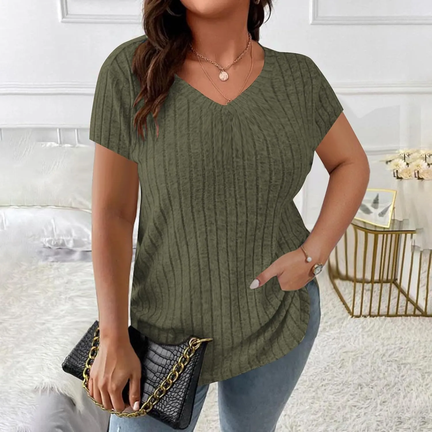 Womens Plus Size Tops Summer Short Sleeve V-Neck Casual Loose Solid Ribbed Knit Basic Tee Shirt