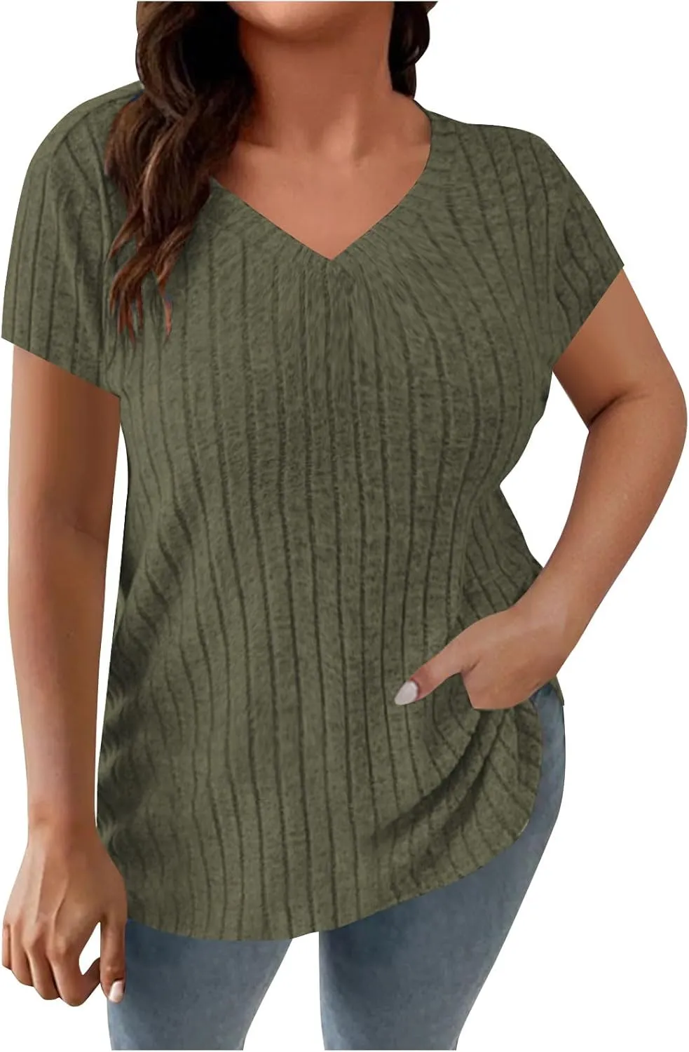 Womens Plus Size Tops Summer Short Sleeve V-Neck Casual Loose Solid Ribbed Knit Basic Tee Shirt