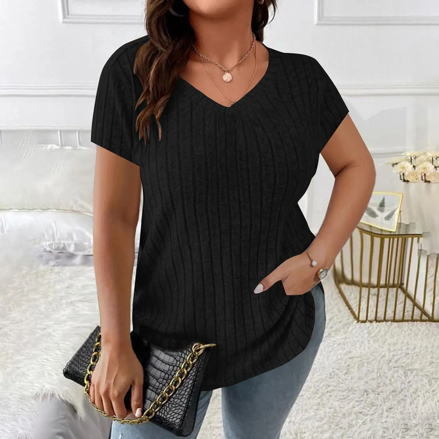 Womens Plus Size Tops Summer Short Sleeve V-Neck Casual Loose Solid Ribbed Knit Basic Tee Shirt