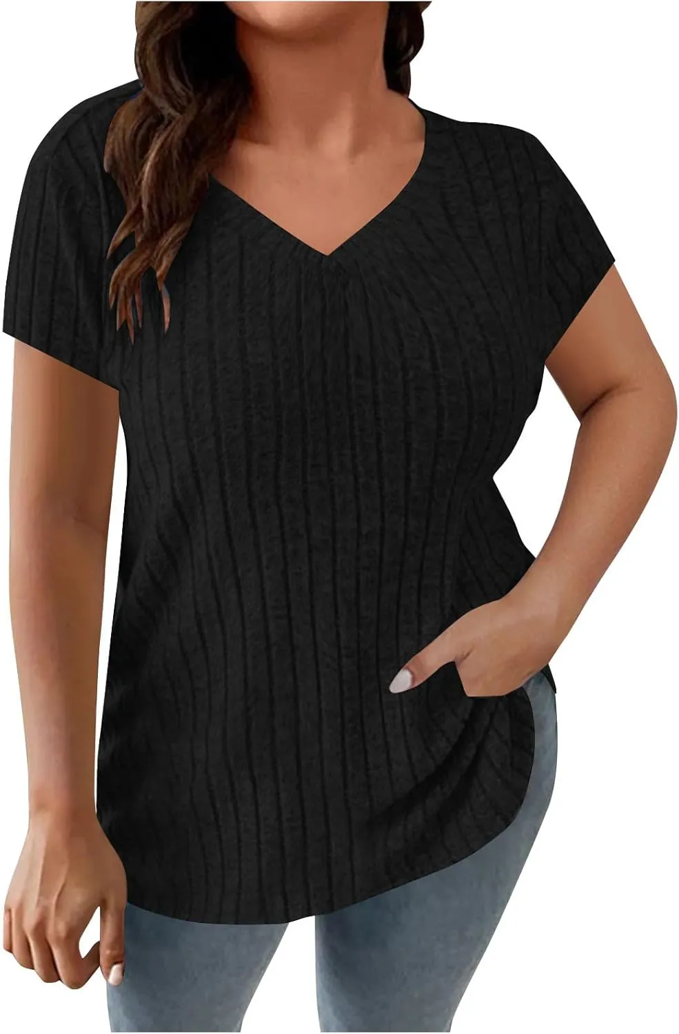 Womens Plus Size Tops Summer Short Sleeve V-Neck Casual Loose Solid Ribbed Knit Basic Tee Shirt