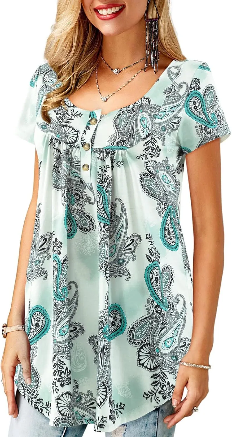 Womens Plus Size Tunic Tops Short Sleeve Casual Floral Henley Shirts
