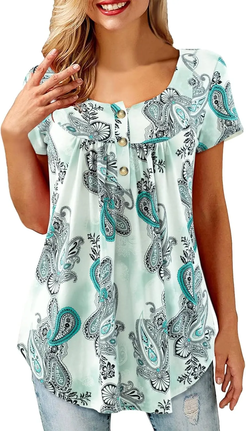 Womens Plus Size Tunic Tops Short Sleeve Casual Floral Henley Shirts