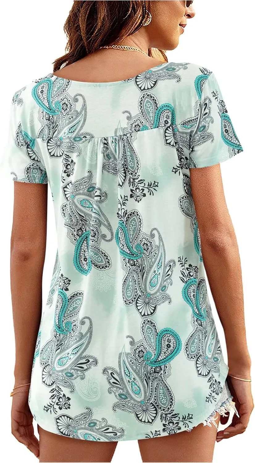 Womens Plus Size Tunic Tops Short Sleeve Casual Floral Henley Shirts