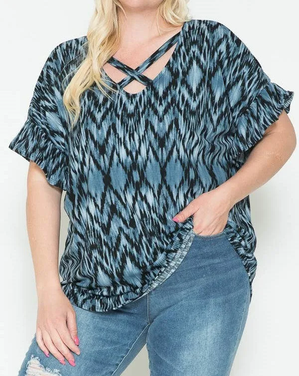 Women's Plus Size V Neck, Cross Detail Short Sleeve Top. Animal Print