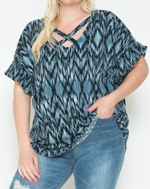 Women's Plus Size V Neck, Cross Detail Short Sleeve Top. Animal Print