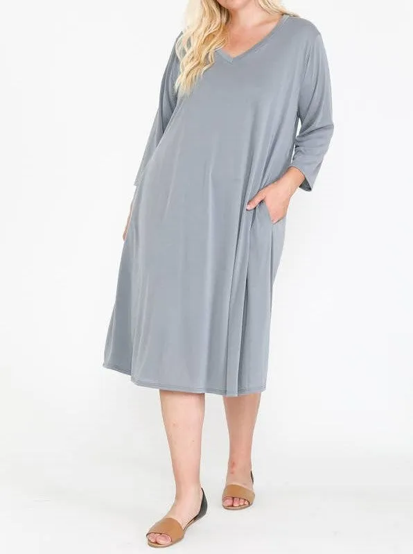 Women's Plus Size V Neck Hidden Pocket Swing Midi Length Dress