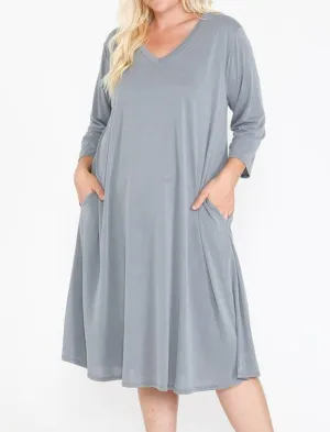Women's Plus Size V Neck Hidden Pocket Swing Midi Length Dress