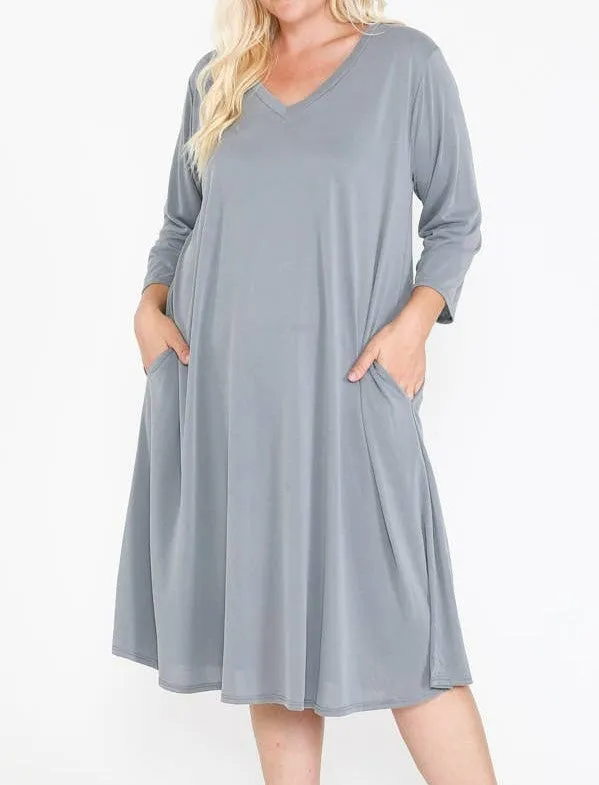 Women's Plus Size V Neck Hidden Pocket Swing Midi Length Dress