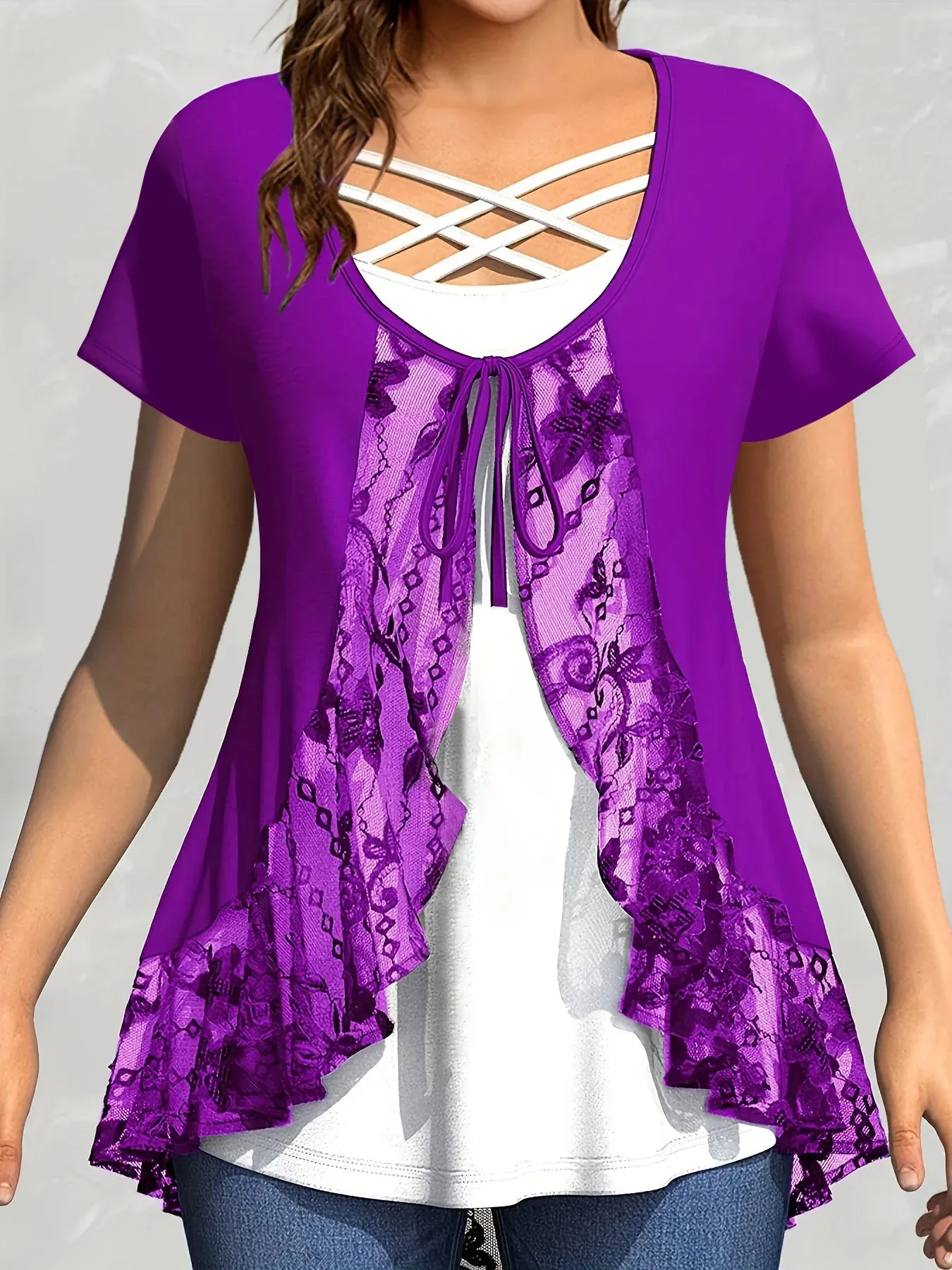 Women's Ruffle Lace 5XL Overlay Tops Fashion Designer T-Shirts (Plus Size)