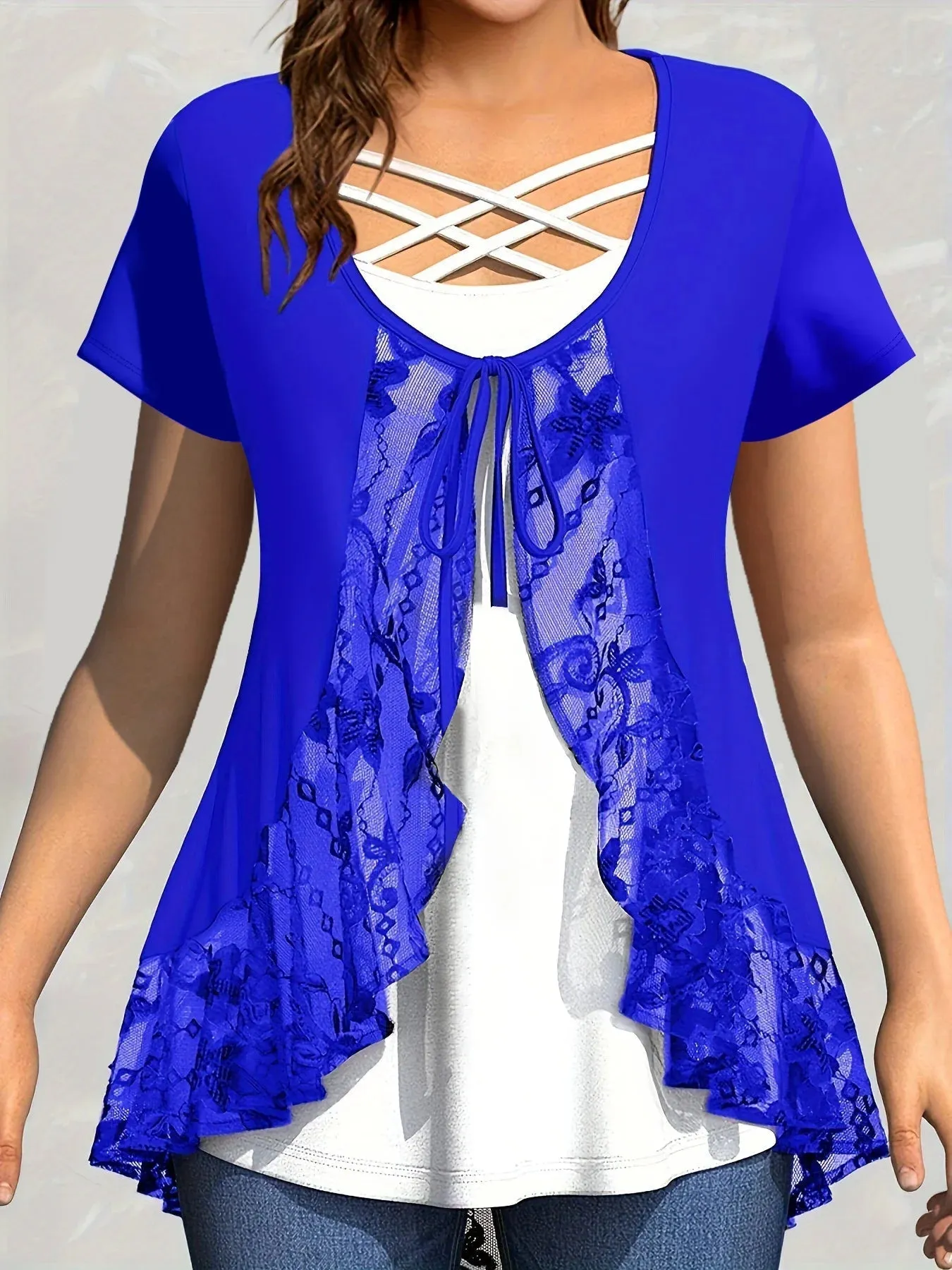 Women's Ruffle Lace 5XL Overlay Tops Fashion Designer T-Shirts (Plus Size)