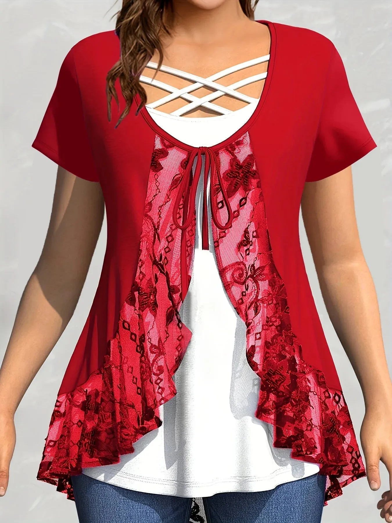 Women's Ruffle Lace 5XL Overlay Tops Fashion Designer T-Shirts (Plus Size)