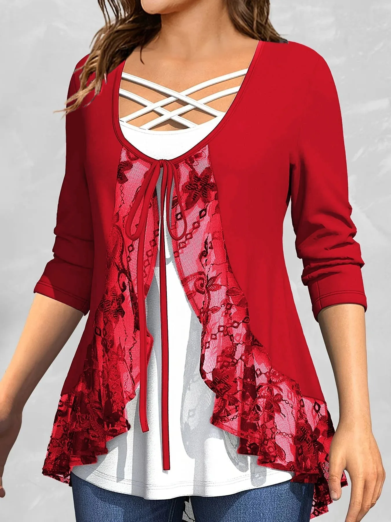 Women's Ruffle Lace 5XL Overlay Tops Fashion Designer T-Shirts (Plus Size)