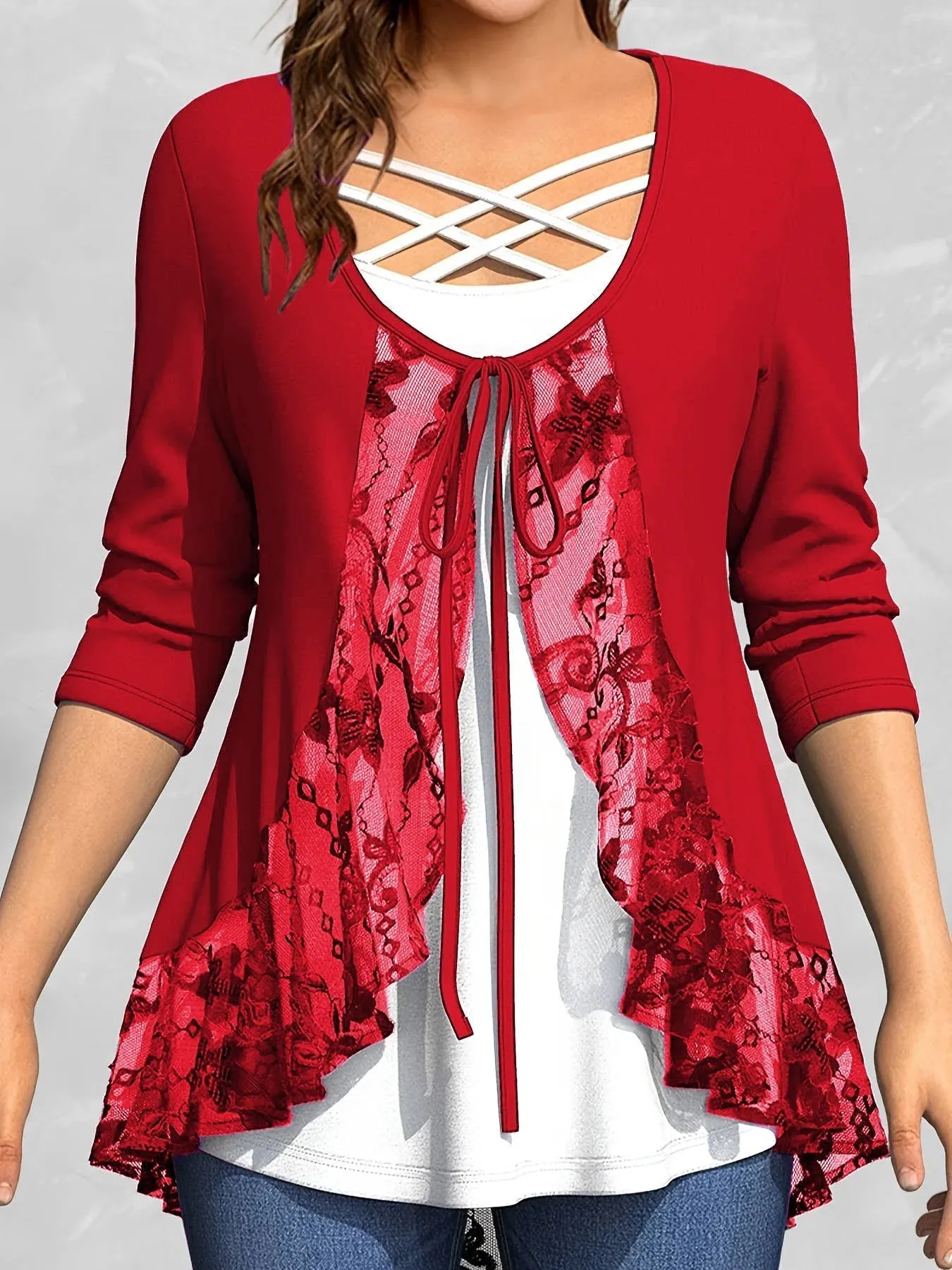 Women's Ruffle Lace 5XL Overlay Tops Fashion Designer T-Shirts (Plus Size)
