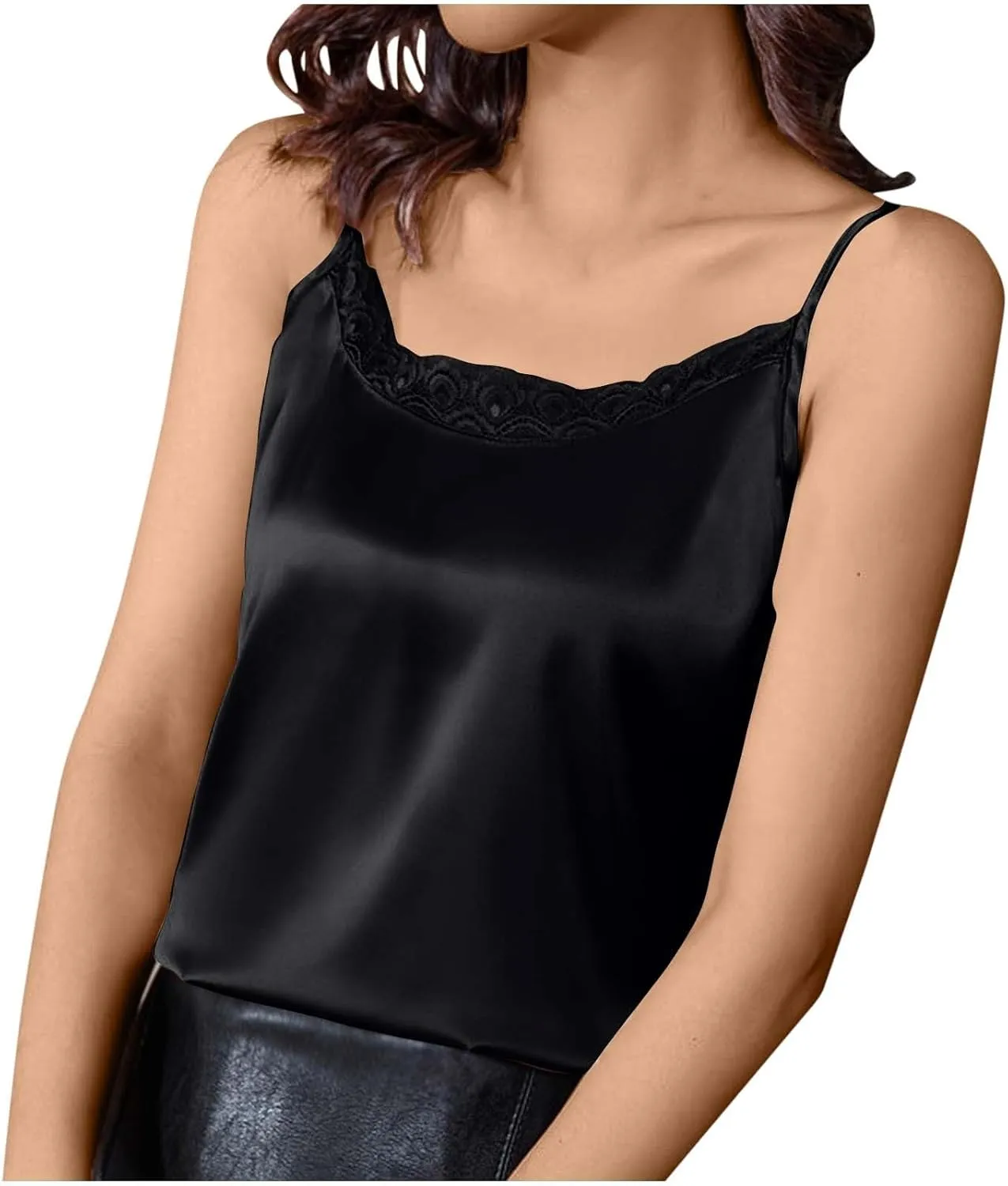 Women's Satin Lace Sexy Tank Tops Adjustable Spaghetti Strap Scoop Neck Camisole Fashion Sleeveless Shirt Plus Size