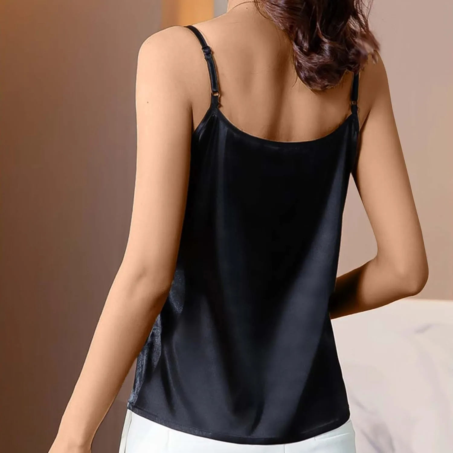 Women's Satin Lace Sexy Tank Tops Adjustable Spaghetti Strap Scoop Neck Camisole Fashion Sleeveless Shirt Plus Size