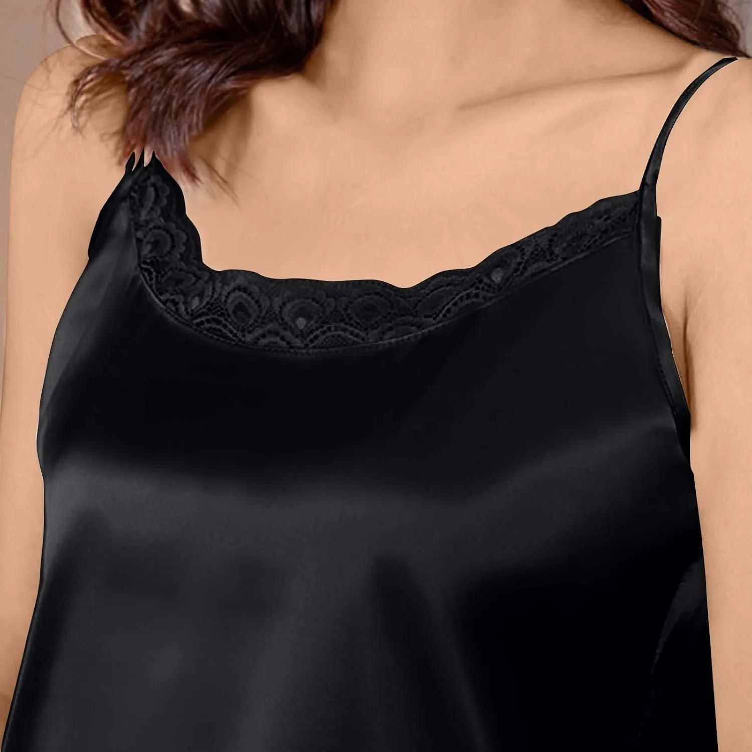Women's Satin Lace Sexy Tank Tops Adjustable Spaghetti Strap Scoop Neck Camisole Fashion Sleeveless Shirt Plus Size