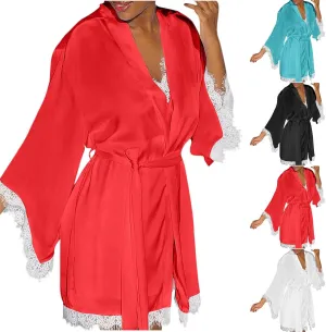Women's Satin Robe Set Nightgown Dresses with Robes Silk Pajama Set 2 Pieces Lingerie Lace V Neck Cami Sleepwear Sets