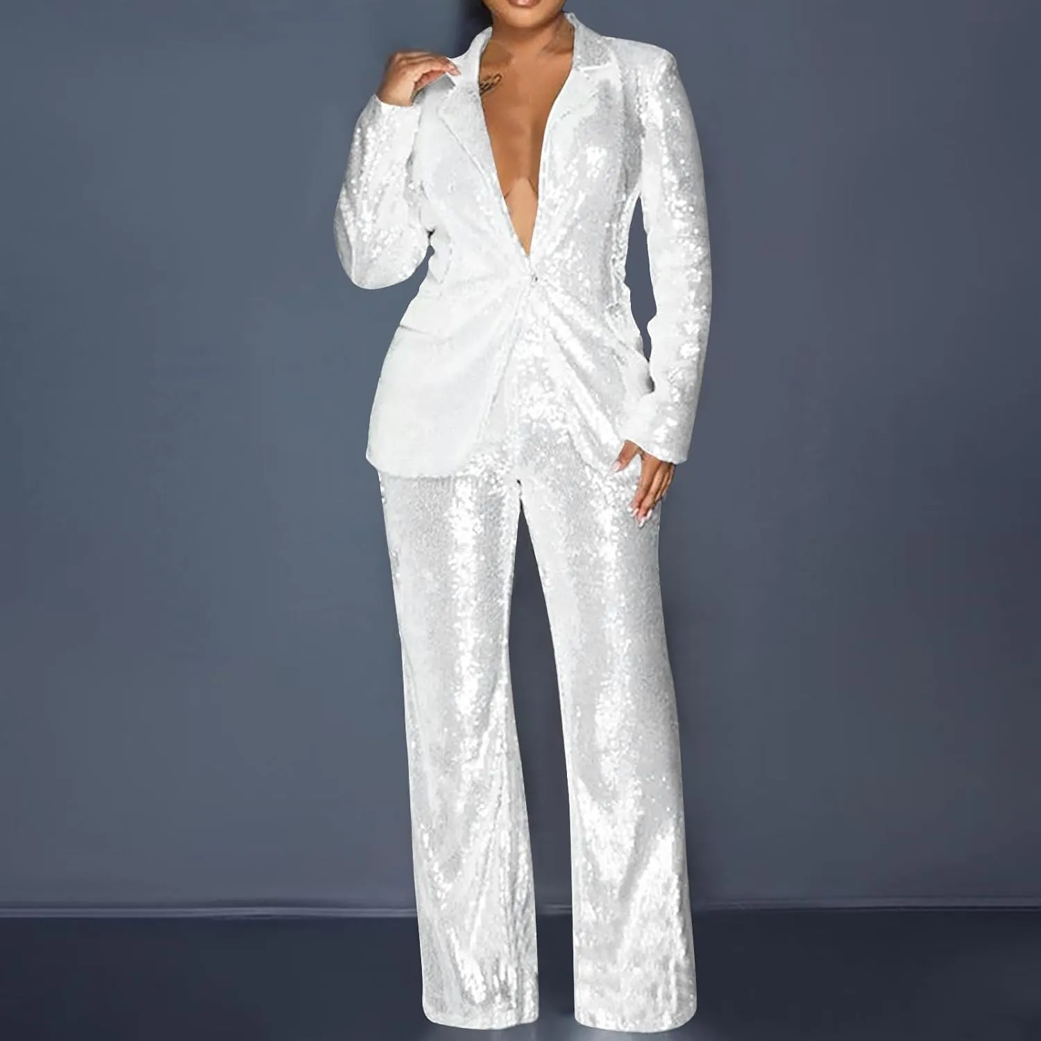Womens Sequin Suit Blazer 2-Piece Set Sparkly Slim Fit Disco Party Outfit Formal Sequin Jacket High Waisted Pant Suit