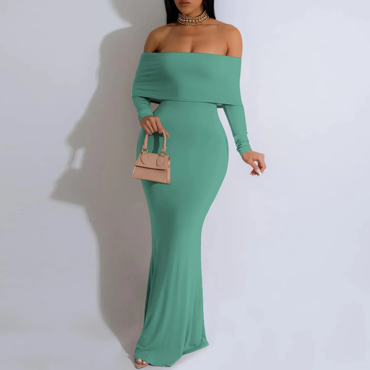 Women's Sexy Elegant Long Sleeve Off Shoulder Bodycon Long Evening Formal Dress Cocktail Party Maxi Dress