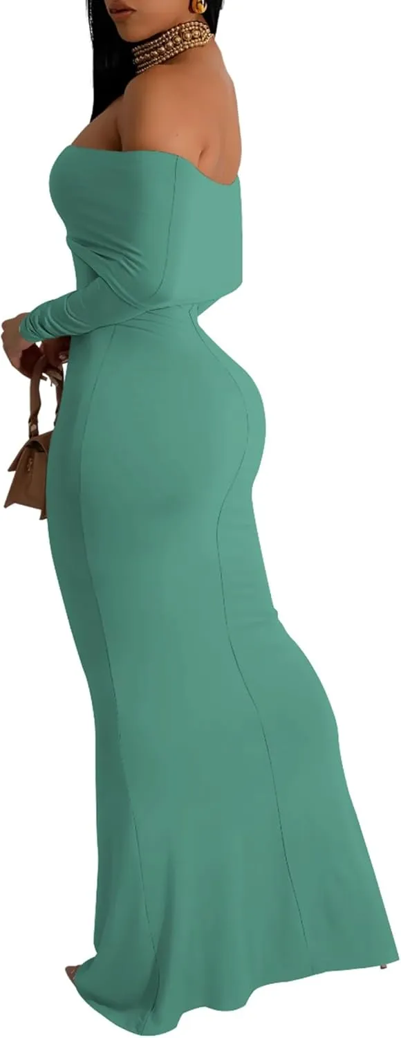 Women's Sexy Elegant Long Sleeve Off Shoulder Bodycon Long Evening Formal Dress Cocktail Party Maxi Dress